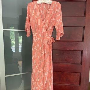 Rose and white printed caftan wrap dress